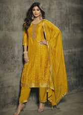 Embroidered Shilpa Shetty Salwar Suit in Yellow